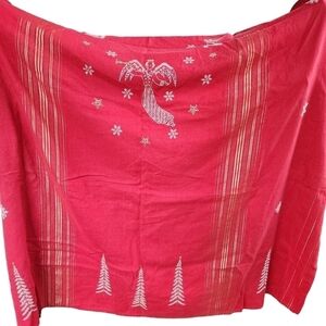 Christmas Holiday Angels and Trees Linen burgundy red tablecloth cross stitch